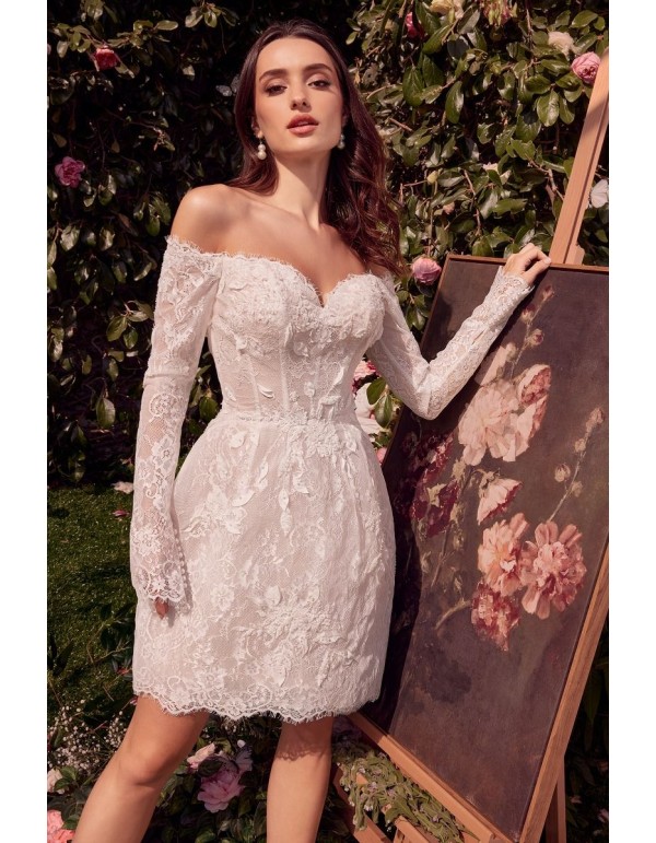 Vestido de novia corto con encaje y manga larga de hombro... 2