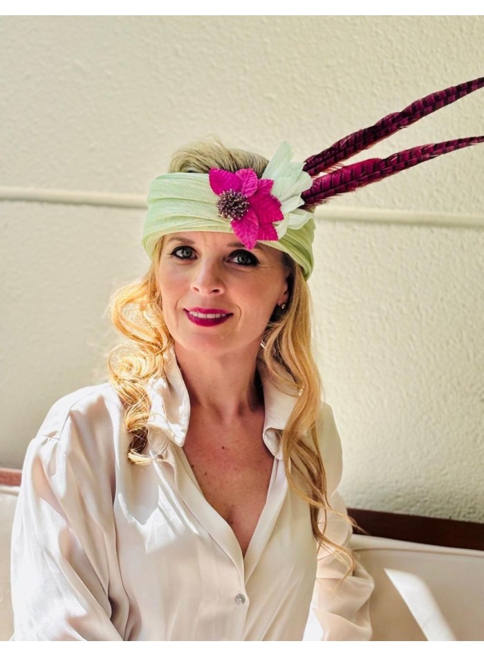 Silk sinamay turban with maxi pheasant feathers