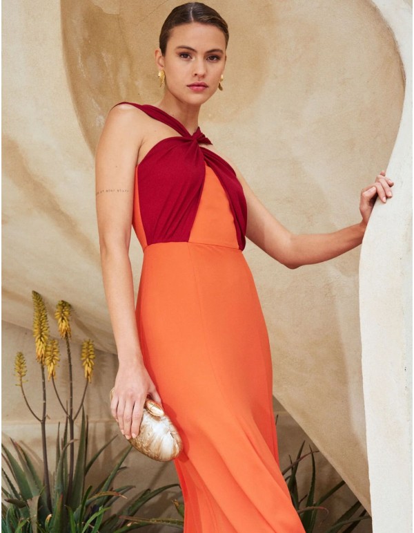 Garnet and orange midi dress with halter neckline