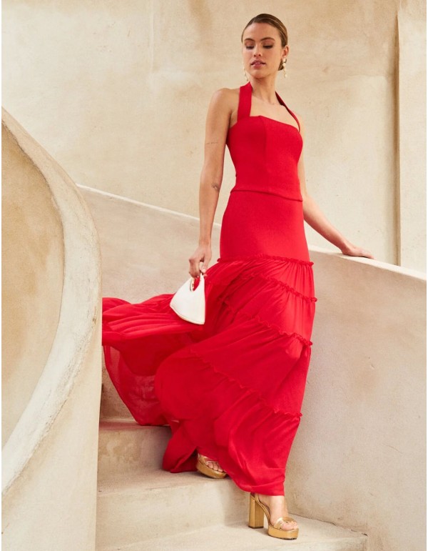 Longue jupe en mousseline de soie rouge 2