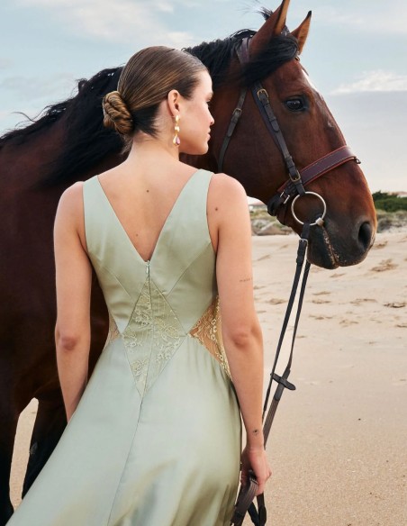 Long satin guest dress with lace details