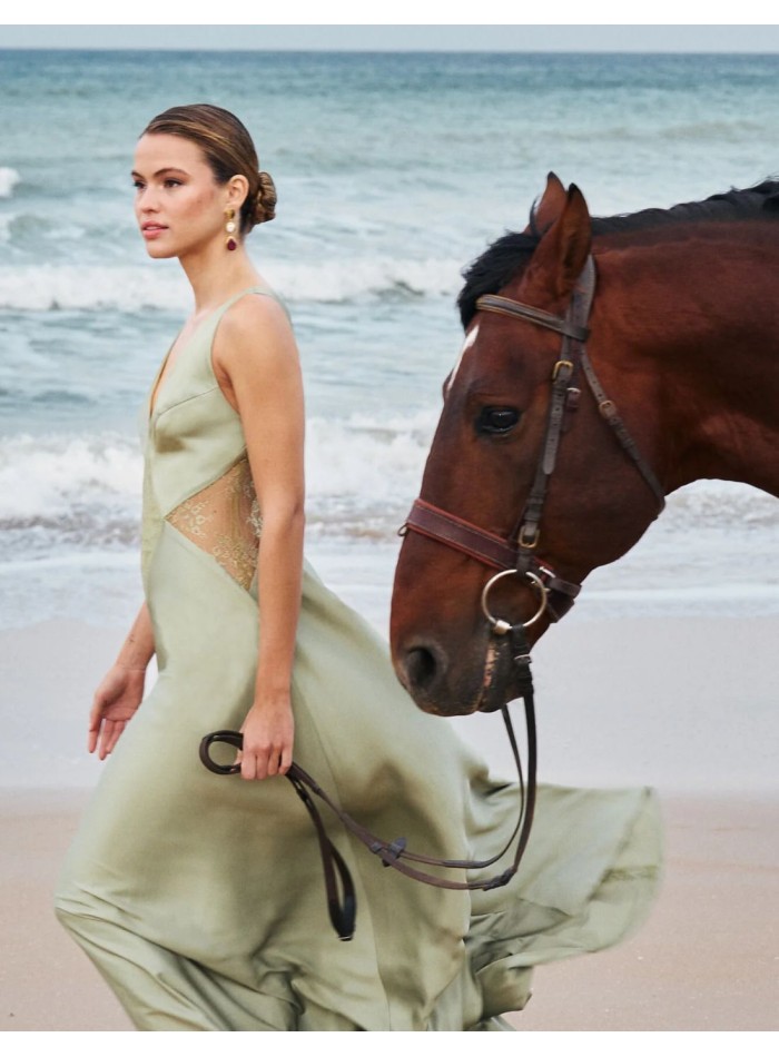 Long satin guest dress with lace details