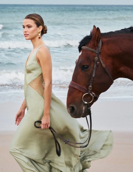 Long satin guest dress with lace details