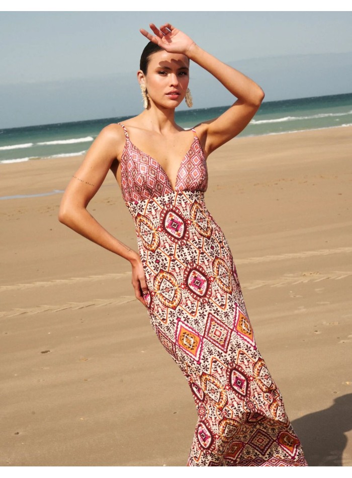 Robe longue imprimée avec décolleté en V