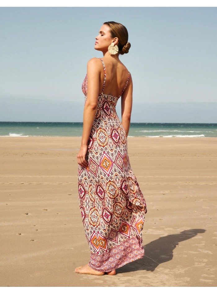 Long printed dress with V-neckline