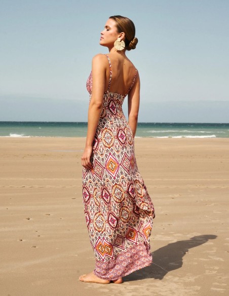Long printed dress with V-neckline