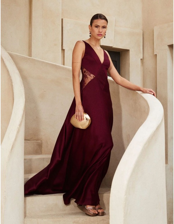 Long satin guest dress with V-neckline and lace