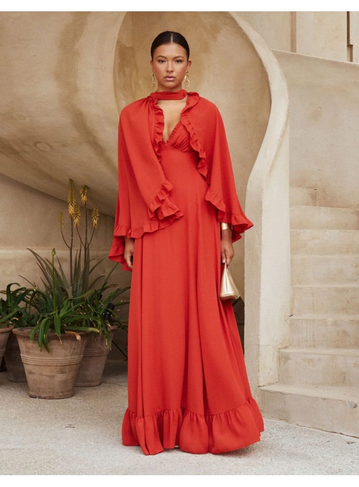 Long guest dress with thin straps and ruffle at...