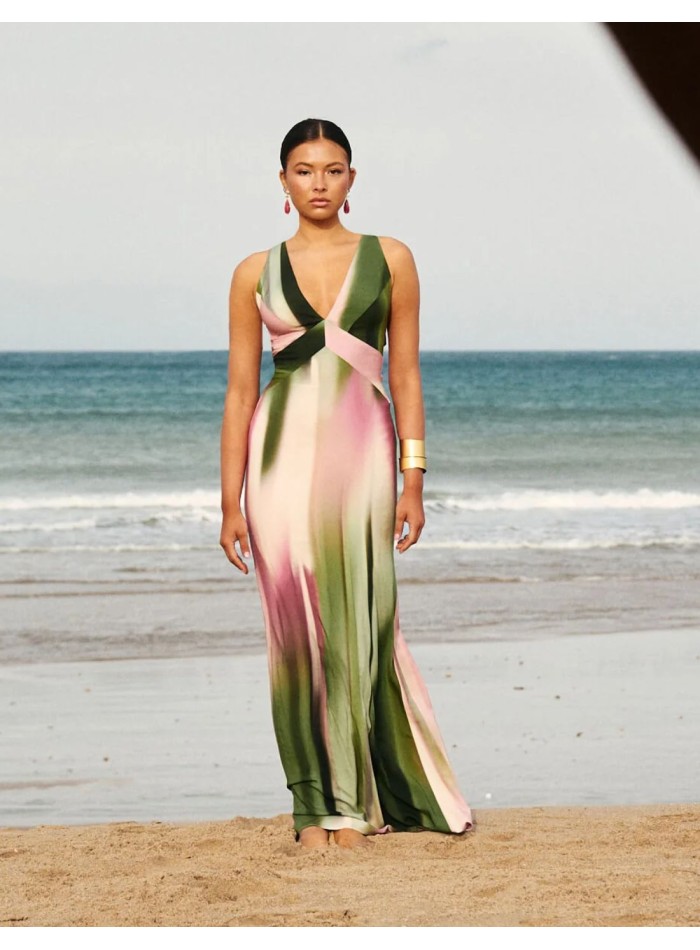 Robe longue à imprimé dégradé vert et lilas
