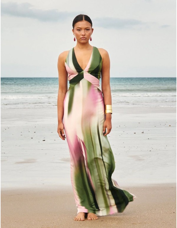 Long dress with green and lilac gradient print 2