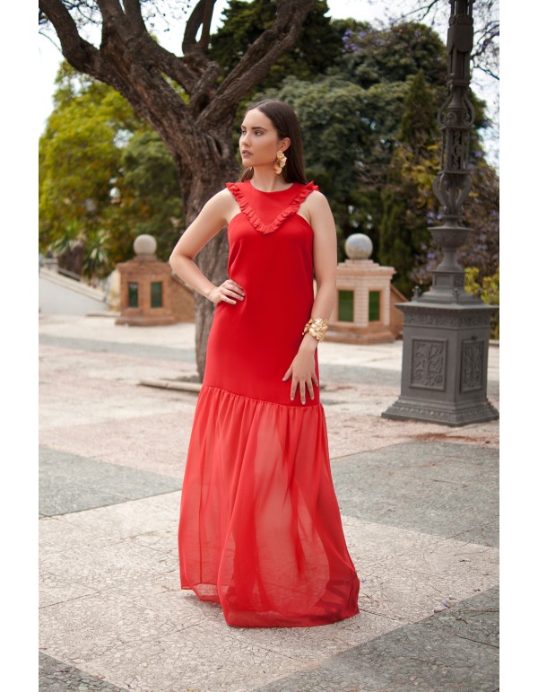 Long guest dress with ruffles and low hips