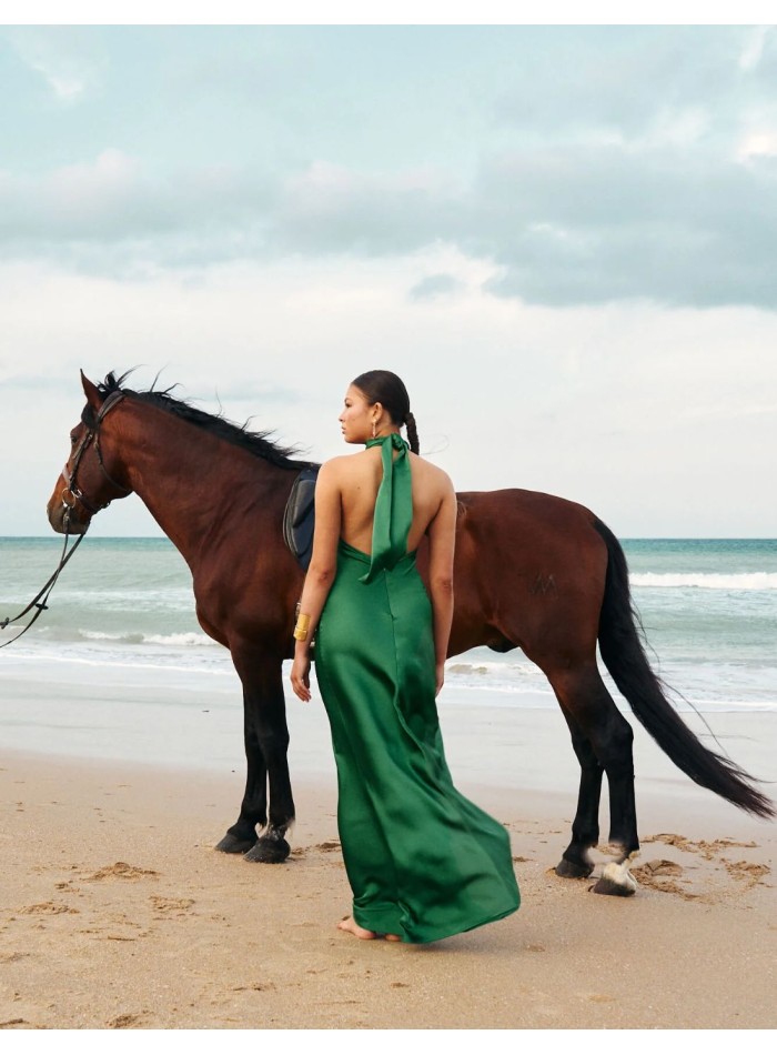 Longue robe de fête en satin avec encolure dos...