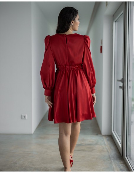Red evasé party dress with long sleeves for parties