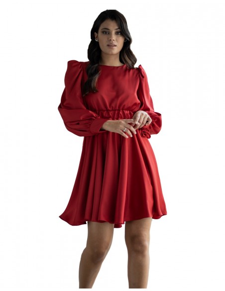 Red evasé party dress with long sleeves by MAUI