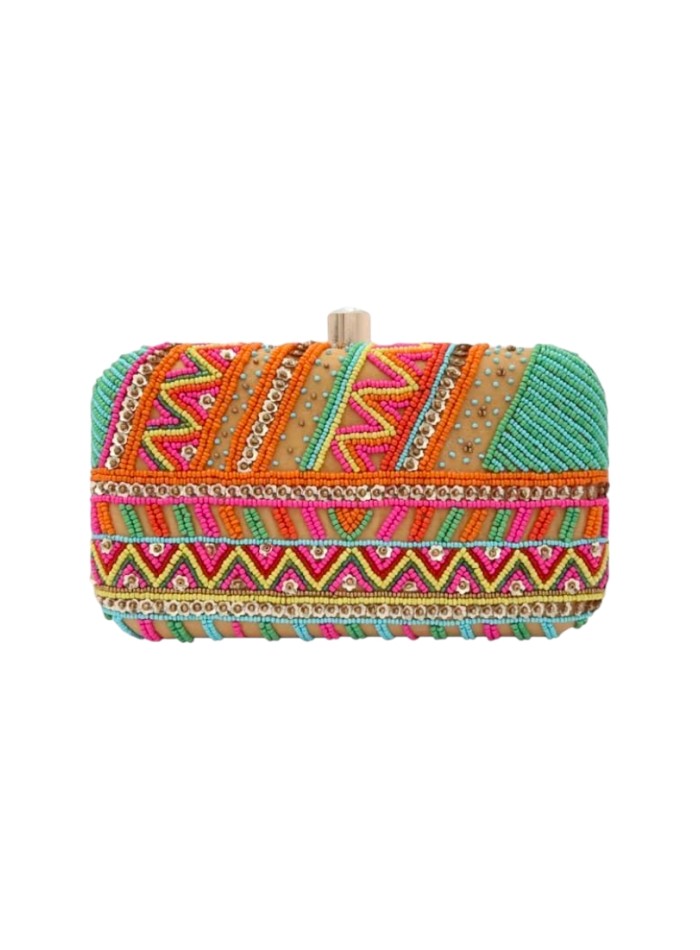 Pochette à main brodée d'un imprimé ethnique multicolore