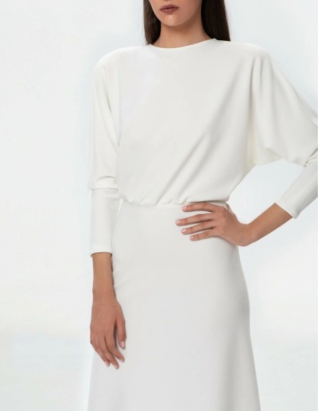 White midi dress with bat sleeves and boat neckline
