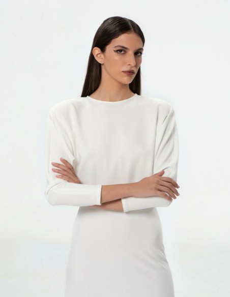 White midi dress with bat sleeves and boat neckline