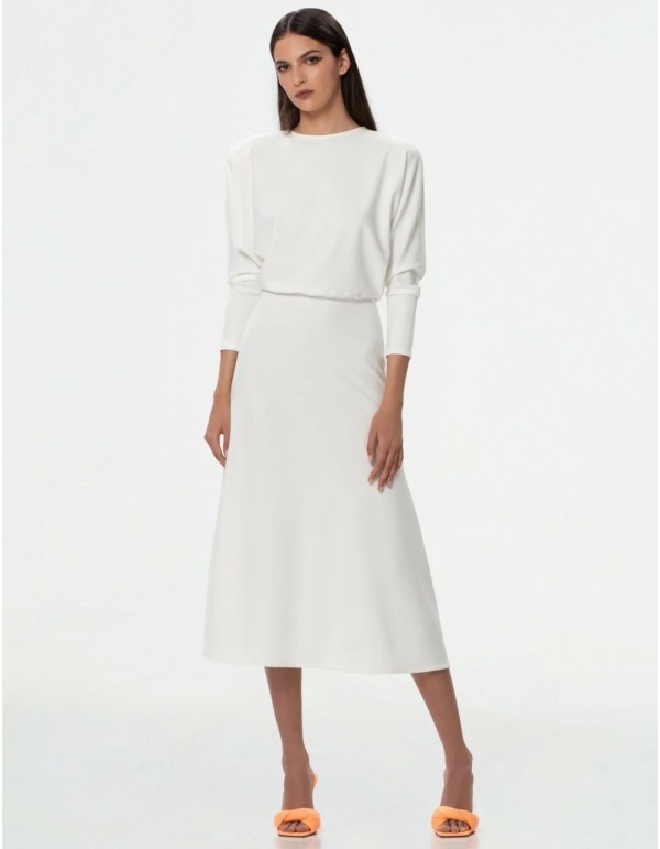 White midi dress with bat sleeves and boat neckline