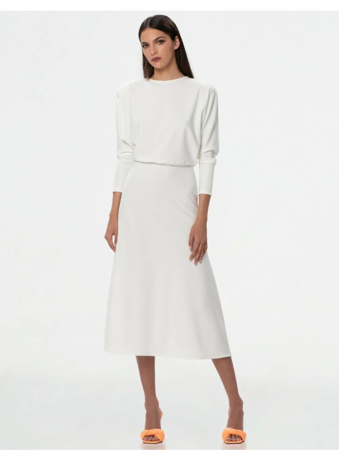 White midi dress with bat sleeves and boat neckline