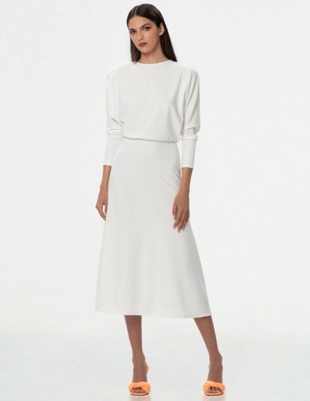 White midi dress with bat sleeves and boat neckline