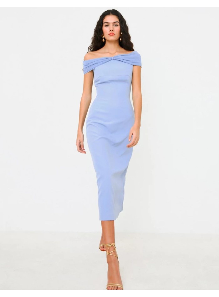 Robe de soirée midi bleue avec encolure bandeau drapée