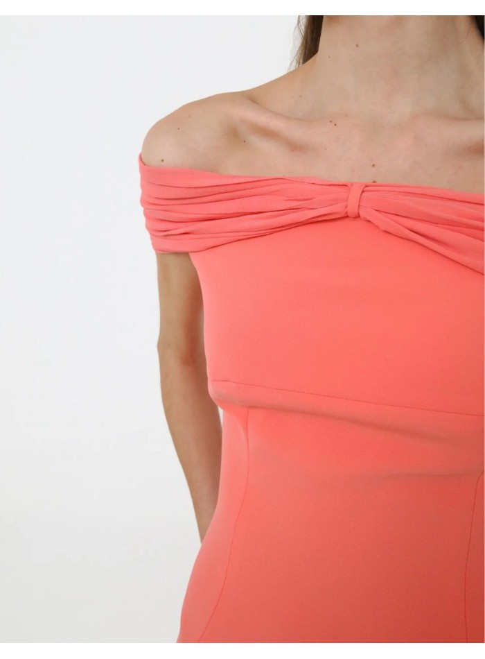 Coral midi party dress with bandeau neckline
