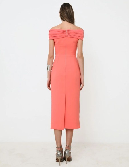 Coral midi party dress with bandeau neckline