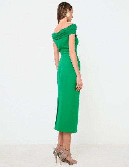 Vestido midi verde de fiesta con escote bandeau drapeado para eventos Vestido midi verde de fiesta con escote bandeau drapeado para eventos