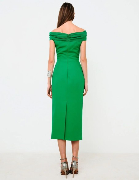 Vestido midi verde de fiesta con escote bandeau drapeado para boda de dia Vestido midi verde de fiesta con escote bandeau drapeado para boda de dia