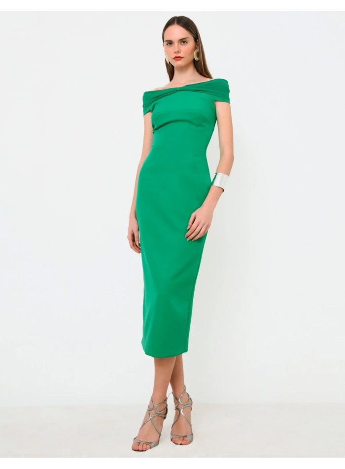 Green midi party dress with draped bandeau neckline