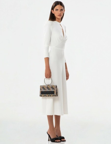 Vestido midi blanco con manga francesa y escote lágrima para eventos especiales Vestido midi blanco con manga francesa y escote lágrima para eventos especiales