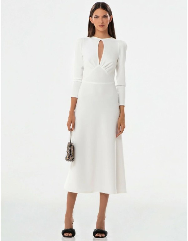 Vestido midi blanco con manga francesa y escote lágrima