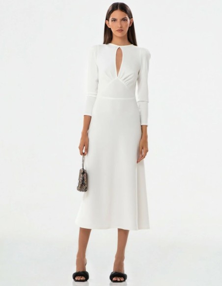 Vestido midi blanco con manga francesa y escote lágrima Vestido midi blanco con manga francesa y escote lágrima