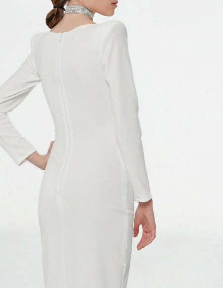 White midi dress with long sleeves and cut-out neckline