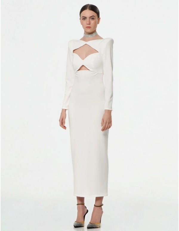 Robe midi blanche à manches longues et encolure découpée 2