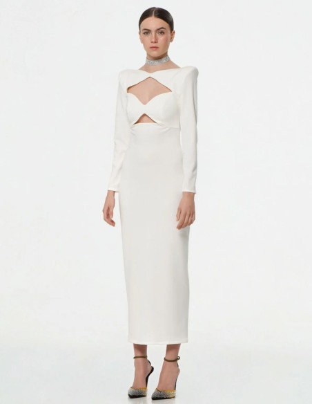 White midi dress with long sleeves and cut-out neckline