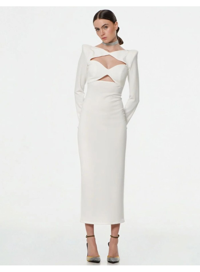 White midi dress with long sleeves and cut-out neckline