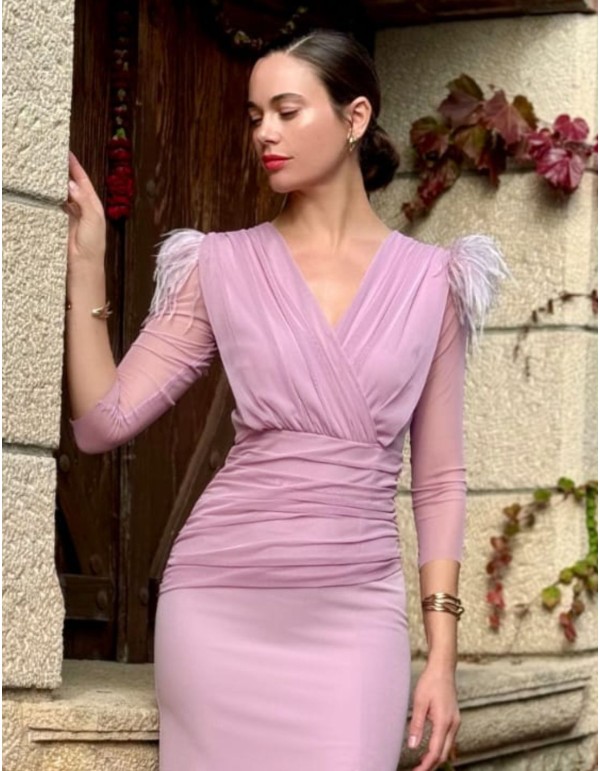 Robe midi drapée avec manches françaises