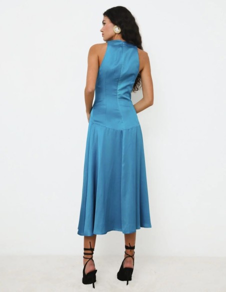 Vestido cóctel de fiesta satinado con escote halter para bodas