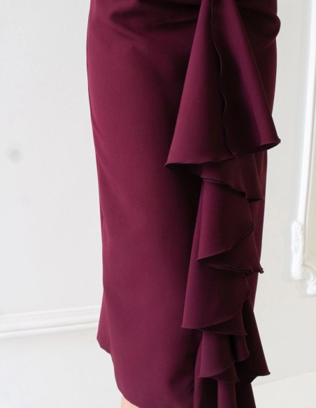 Garnet cocktail dress with long sleeves and draped center