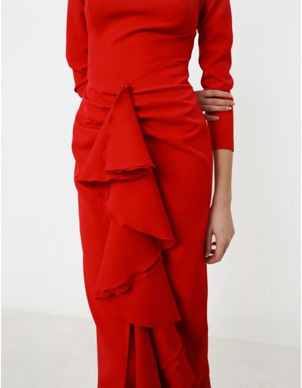 Vestido cóctel rojo escote bandeau con volante y manga larga 2