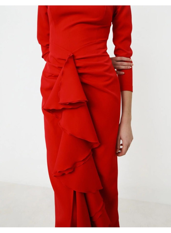 Vestido cóctel rojo escote bandeau con volante y manga larga para eventos