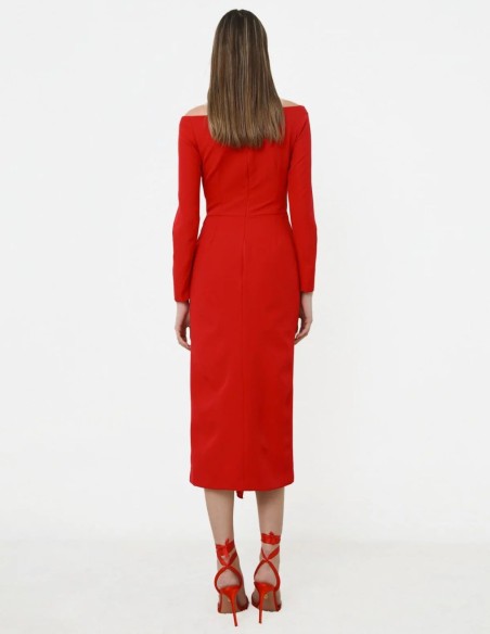 Red cocktail dress with bandeau neckline with ruffle and long sleeves
