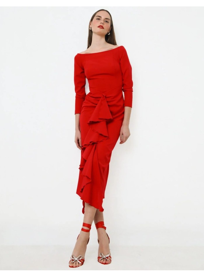 Red cocktail dress with bandeau neckline with ruffle and long sleeves