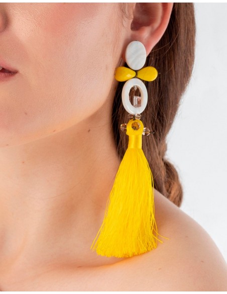 Long earrings with fringed pom pom and crystals from KOA for guests.
