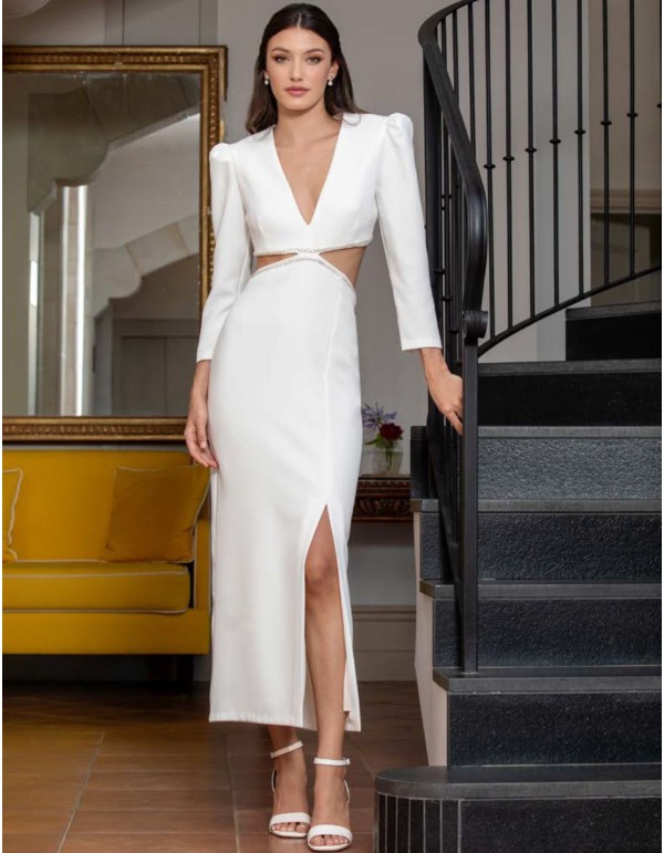 Vestido midi blanco de fiesta con manga larga y ribete cut-out