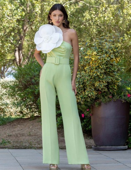 Long party jumpsuit with asymmetrical neckline and wide pants