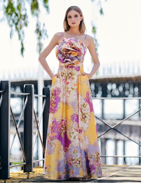 Long maxi flower print guest dress with thin straps