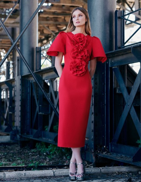 Midi dress for guest with rose details
