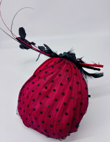 Sinamay base headdress pleated with plumeti tulle